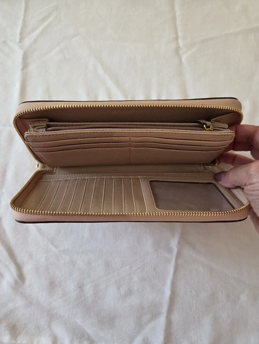 Michael Kors Zip-Around Saffiano Wallet in Beige with Gold Hardware